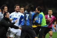 MILAN, ITALY - APRIL 07:  Ezequiel Schelotto (R) of FC Internazionale Milano reacts to Ciro Polito of Atalanta BC at the end of the Serie A match between FC Internazionale Milano and Atalanta BC at San Siro Stadium